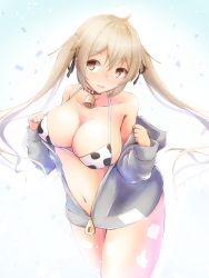 Rule 34 | 1girl, animal print, bell, bikini, bikini under clothes, breasts, brown eyes, commentary request, cow print, cowbell, cowboy shot, gradient background, highres, jacket, kantai collection, large breasts, light brown hair, long hair, looking at viewer, murasame (kancolle), open clothes, open jacket, solo, swimsuit, swimsuit under clothes, twintails, white bikini, white jacket, yomitsuna
