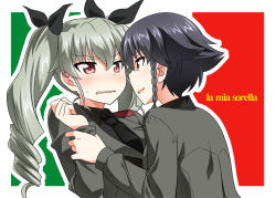 Rule 34 | 10s, 2girls, anchovy (girls und panzer), black hair, blush, braid, brown eyes, drill hair, female focus, girls und panzer, holding another&#039;s wrist, italian text, long hair, looking at another, military, military uniform, multiple girls, open mouth, pepperoni (girls und panzer), short hair, smile, twin drills, twintails, umekichi, uniform, yuri