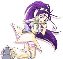 Rule 34 | 00s, 1girl, :d, boots, brooch, cure egret, futari wa precure splash star, heart, heart brooch, ixy, jewelry, knee boots, long hair, looking back, mishou mai, open mouth, ponytail, precure, purple eyes, purple hair, shadow, simple background, smile, solo, white background, white footwear