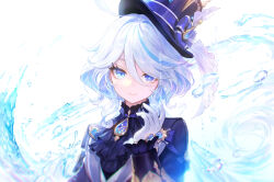 Rule 34 | 1girl, adelie cat, ahoge, ascot, black ascot, black shirt, blue bow, blue eyes, blue gemstone, blue hair, blue hat, blue jacket, bow, closed mouth, collared jacket, eyelashes, furina (genshin impact), gem, genshin impact, gloves, gold trim, hair between eyes, hand up, hat, hat bow, heterochromia, highres, jacket, long hair, long sleeves, looking at viewer, mismatched pupils, multicolored hair, ponytail, purple gemstone, shirt, simple background, smile, solo, top hat, two-tone hair, upper body, vest, water, white background, white gloves, white hair, white vest