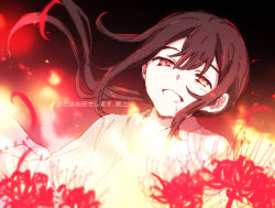 Rule 34 | 1boy, black hair, fate/grand order, fate (series), fire, floating hair, flower, hair between eyes, head tilt, japanese clothes, kimono, long hair, looking at viewer, low ponytail, male focus, oda nobukatsu (fate), ponytail, red eyes, red flower, smile, solo, spider lily, tachitsu teto, translation request, upper body, very long hair, white kimono