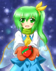 Rule 34 | 1girl, ascot, blue background, blush, bow, daiyousei, female focus, flower, gift, giving, green eyes, green hair, hair bow, heart, long sleeves, looking at viewer, matching hair/eyes, mittens, open mouth, outstretched arms, ribbon, rody, rody (hayama yuu), rose, scarf, side ponytail, snow, solo, touhou, wings