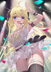 Rule 34 | 1girl, absurdres, ahoge, animal ears, belt, black thighhighs, blonde hair, blush, breasts, clothes writing, concert, curled horns, dress, garter straps, hair ornament, hairclip, hairpin, highres, hololive, horns, juu p, large breasts, long hair, o-ring, o-ring thigh strap, official alternate costume, open mouth, overskirt, purple eyes, see-through sleeve layer, sheep ears, sheep girl, sheep horns, shirt, smile, solo, stage, string, string of fate, thigh strap, thighhighs, thighs, tsunomaki watame, tsunomaki watame (watame night fever!!), virtual youtuber, white belt, white dress, white garter straps, white shirt