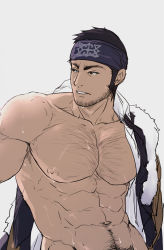Rule 34 | 1boy, abs, ainu clothes, bara, bare pectorals, black hair, buzz cut, chachi (soulga), chest hair, facial hair, golden kamuy, hairy, headband, large pectorals, long sideburns, looking to the side, male focus, mature male, muscular, muscular male, navel, navel hair, nipples, open clothes, pectorals, short hair, sideburns, simple background, solo, stomach, stubble, tanigaki genjirou, thick eyebrows, very short hair, wet