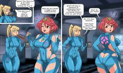 Rule 34 | 2girls, abs, archdan, ass, ass cutout, blonde hair, blush, bodysuit, breasts, butt crack, cleavage, cleavage cutout, clothing cutout, comic, cosplay, covered navel, drinking, earrings, embarrassed, grin, heart cutout, highres, impossible clothes, jewelry, large breasts, looking back, metroid, metroid: zero mission, multiple girls, muscular, muscular female, nervous, nintendo, one eye closed, ponytail, pyra (xenoblade), red hair, revealing clothes, samus aran, sidelocks, skin tight, smile, speech bubble, spitting, star (symbol), super smash bros., talking, thighs, tiara, torn clothes, wardrobe malfunction, xenoblade chronicles (series), xenoblade chronicles 2, zero suit