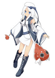 Rule 34 | 10s, 1girl, bad id, bad pixiv id, blue eyes, boots, character request, cross-laced footwear, detached sleeves, hat, highres, magical girl, mahou shoujo taisen, mahou shoujo taisen contest 1, samegami, simple background, smile, solo, white background, white hair