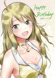 Rule 34 | 1girl, 2017, :d, ahoge, blonde hair, breasts, choker, cleavage, collarbone, dated, gradient background, green eyes, grey background, hair between eyes, happy birthday, heart, heart necklace, highres, hoshii miki, idolmaster, idolmaster (classic), jewelry, long hair, looking at viewer, medium breasts, mogskg, necklace, open mouth, smile, solo, straight hair, upper body, white background