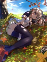 Rule 34 | 1girl, black thighhighs, blush, breasts, cleavage, closed mouth, collarbone, dappled sunlight, garter straps, grey hair, hair ornament, highres, long hair, looking at viewer, lying, medium breasts, mosta (lo1777789), on side, original, puffy short sleeves, puffy sleeves, purple eyes, short shorts, short sleeves, shorts, smile, sunlight, thighhighs