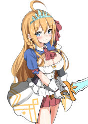 Rule 34 | 1girl, absurdres, ahoge, ascot, blue eyes, blush, breasts, brown hair, cleavage, closed mouth, gloves, hair between eyes, hair ribbon, highres, holding, holding sword, holding weapon, long hair, medium breasts, moyoron, pecorine (princess connect!), pleated skirt, princess connect!, puffy short sleeves, puffy sleeves, red ascot, red ribbon, red skirt, ribbon, short sleeves, simple background, skirt, smile, solo, split mouth, sword, tiara, two-handed, very long hair, weapon, white background, white gloves