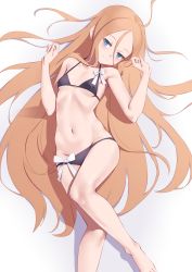 Rule 34 | 1girl, abigail williams (fate), bad id, bad pixiv id, barefoot, bikini, black bikini, blonde hair, blue eyes, breasts, closed mouth, commentary request, fate/grand order, fate (series), hair between eyes, highres, jilu, long hair, looking at viewer, lying, on back, small breasts, smile, solo, swimsuit, very long hair