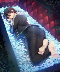 Rule 34 | 10s, 1boy, ass, bad id, bad pixiv id, barefoot, black hair, blue flower, coffin, earrings, ensemble stars!, feet, feet together, feet up, flower, jewelry, looking at viewer, looking back, lying, male focus, on stomach, plant, red eyes, rope, sakuma rei (ensemble stars!), smile, soles, solo, toes, tubuan oisii, vines, wavy hair