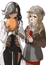 Rule 34 | 2girls, :d, absurdres, ball, black hair, black unitard, bracelet, brown eyes, brown jacket, cabbie hat, centurion (reverse:1999), clothing cutout, cowboy shot, cup, dark-skinned female, dark skin, disposable cup, drinking straw, earrings, glasses, grey hat, grey skirt, grey sweater, grin, hair over one eye, hands up, hat, highres, holding, holding ball, holding cup, jacket, jewelry, long hair, long sleeves, looking at viewer, low ponytail, melania (reverse:1999), miniskirt, multicolored hair, multiple girls, natsugu72, one eye covered, open clothes, open jacket, open mouth, pantyhose, red pantyhose, reverse:1999, shirt, side cutout, sidelocks, skirt, smile, streaked hair, sweater, thigh cutout, white background, white hair, white shirt, yellow eyes