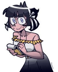 Rule 34 | angel, artist name, azazel (helltaker), bad id, bad twitter id, bare shoulders, black hair, blue eyes, blush, cross, cross necklace, dress, frilled dress, frills, hair ribbon, halo, helltaker, hunched over, jewelry, kiyovero, looking at viewer, necklace, notepad, ribbon, solo, strapless, strapless dress, sundress, sweat, transparent background, writing