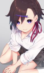 Rule 34 | 1girl, asymmetrical bangs, blush, braid, breasts, brown hair, collarbone, dress shirt, eyes visible through hair, foreshortening, from above, hair between eyes, hair ornament, hair over one eye, hair ribbon, hairclip, head tilt, highres, hisayaki kyuu, interlocked fingers, loafers, looking at viewer, looking up, medium breasts, original, own hands together, partially unbuttoned, pleated skirt, purple eyes, ribbon, school uniform, shirt, shoes, short hair, side braid, sitting, skirt, sleeves rolled up, smile, socks, solo, wariza
