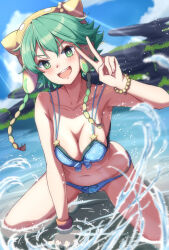 Rule 34 | 1girl, animal hat, atelier (series), atelier shallie, beach, bent over, bikini, blue bikini, blush, bow, bracelet, braid, breasts, cat hat, cleavage, green eyes, hand on ground, hand up, hat, hat with ears, highres, jewelry, lens flare, light green hair, looking at viewer, medium breasts, navel, open mouth, outdoors, shallotte elminus, sitting, smile, solo, splashing, swimsuit, twin braids, v, wariza, water, yanu, yellow hat