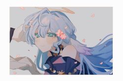 Rule 34 | 1girl, 1other, bare shoulders, blue dress, blue eyes, blue hair, blush, border, closed mouth, dress, falling petals, flower, hair between eyes, hair flower, hair ornament, halo, hand on another&#039;s cheek, hand on another&#039;s face, head wings, holding hands, honkai: star rail, honkai (series), inagoinaire, looking at another, off-shoulder dress, off shoulder, out of frame, petals, portrait, red flower, robin (honkai: star rail), sidelocks, smile, white border, wings