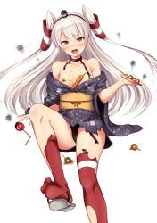 Rule 34 | 10s, 1girl, amatsukaze (kancolle), bare shoulders, between breasts, black panties, blush, breasts, candy apple, food, highres, hot dog, ichikawa feesu, kantai collection, ketchup, looking at viewer, mustard, off shoulder, open mouth, panties, red thighhighs, small breasts, smoke, solo, takoyaki, tears, thighhighs, torn clothes, twintails, two side up, underwear, white hair
