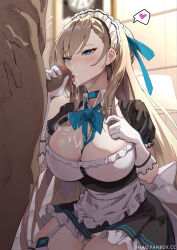Rule 34 | 1boy, 1girl, apron, asuna (blue archive), black dress, blue archive, blue ribbon, blush, bow, bowtie, breasts, censored, cleavage, cum, dress, elbow gloves, fellatio, gloves, headphones, hetero, large breasts, light brown hair, long hair, maid headdress, mole, mole on breast, mosaic censoring, neck ribbon, oral, penis, puffy short sleeves, puffy sleeves, ribbon, short sleeves, simao (x x36131422), solo focus, thighhighs, thighs, white apron, white gloves, white thighhighs