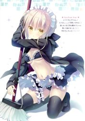 Rule 34 | 1girl, apron, artoria pendragon (alter swimsuit rider) (fate), artoria pendragon (alter swimsuit rider) (second ascension) (fate), artoria pendragon (fate), black bra, black jacket, black panties, black skirt, black thighhighs, boots, bow, bra, braid, breasts, cleavage, fate/grand order, fate (series), fingernails, french braid, frills, full body, hair bow, highres, holding, jacket, kneeling, long sleeves, looking at viewer, maid, maid headdress, mary janes, medium breasts, navel, open clothes, open jacket, pale skin, panties, parted lips, scan, shadow, shiny clothes, shoes, silver hair, simple background, skirt, solo, sparkle, stomach, takano yuki (allegro mistic), thigh boots, thighhighs, underwear, waist apron, yellow eyes