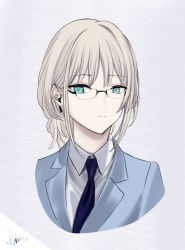 Rule 34 | 1girl, an-94 (antje) (girls&#039; frontline), an-94 (girls&#039; frontline), aqua eyes, aqua jacket, artist name, blonde hair, blue necktie, chinese commentary, closed mouth, eyepiece, formal, girls&#039; frontline, glasses, highres, himos, jacket, lips, long hair, looking at viewer, necktie, office lady, official alternate costume, shirt, solo, suit, upper body, white background, white shirt