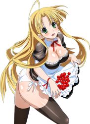Rule 34 | 10s, 1girl, ahoge, asia argento, ass, black thighhighs, blonde hair, breasts, cherry, cleavage, food, fruit, green eyes, high school dxd, long hair, looking at viewer, open mouth, panties, red ribbon, ribbon, side-tie panties, solo, thighhighs, transparent background, twisted torso, underwear, white panties