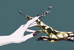 Rule 34 | 2others, androgynous, blue background, cinnabar (houseki no kuni), from side, golden arms, hand focus, highres, houseki no kuni, imminent hand holding, liquid, mercury (element), mt5 014, multiple others, nail polish, other focus, out of frame, phosphophyllite, red nails, simple background, spoilers