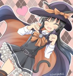 Rule 34 | 1girl, ^ ^, animal ears, asashio (kancolle), belt, black hair, bow, cape, cat ears, cat tail, closed eyes, dress, dress shirt, hair between eyes, hat, heart, highres, kantai collection, kemonomimi mode, official alternate costume, open mouth, paw pose, pinafore dress, searchlight, shirt, sleeveless dress, smile, solo, tail, tamayan, teeth, thighhighs, upper teeth only, witch, witch hat