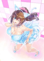Rule 34 | 1girl, ;d, animal ear fluff, animal ears, bare shoulders, blue dress, blue flower, blue rose, bow, bracelet, breasts, bride, brown hair, cat ears, cat tail, cleavage, cowboy shot, dress, fake animal ears, floral print, flower, fujisaki yua, full body, hair between eyes, hair ornament, hand on own face, hand up, high heels, highres, jewelry, kikuru (vtuber), kiyama satoshi, large breasts, legs apart, looking at viewer, necklace, one eye closed, open mouth, pearl bracelet, pearl necklace, ponytail, rose, rose print, smile, solo, standing, strapless, strapless dress, tail, virtual youtuber, wedding dress, ||/