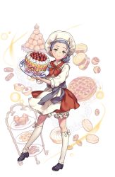 Rule 34 | 1girl, apron, black footwear, blouse, bow, braid, cake, chef hat, cookie, cream puff, crown, dessert, food, fruit, full body, green eyes, hair bun, hat, highres, looking at viewer, macaron, muffin, nikki quinnell, official art, plate, princess principal, princess principal game of mission, purple hair, red skirt, scone, shirt, shoes, single hair bun, skirt, smile, standing, strawberry, tart (food), tiered tray, transparent background, waffle, waist bow, white legwear, white shirt