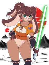 Rule 34 | 1girl, atticus-kotch, body fur, brown fur, brown hair, cleft of venus, cropped jacket, energy sword, female focus, furry, furry female, highres, holding, japanese sun, lightsaber, looking at viewer, lop (star wars), ponytail, pussy, rabbit ears, rabbit tail, simple background, solo, standing, star wars, star wars: visions, sumi-e, sword, very long ears, weapon