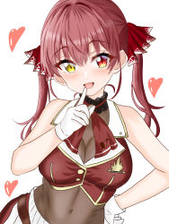 Rule 34 | 1girl, bare shoulders, gloves, heterochromia, highres, hiro046k, hololive, houshou marine, looking at viewer, open mouth, red eyes, red hair, sleeveless, smile, solo, twintails, virtual youtuber, white gloves