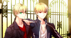 Rule 34 | 2boys, arthur pendragon (fate), blonde hair, casual, fate/prototype, fate/stay night, fate (series), gilgamesh (fate), green eyes, hachini, male focus, multiple boys, official alternate costume, red eyes
