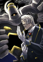 Rule 34 | 1boy, adjusting clothes, adjusting gloves, black jacket, creatures (company), crescent moon, dusknoir, facial hair, game freak, gen 4 pokemon, gloves, grey eyes, grey hair, hair over one eye, hamber (pokemon), highres, jacket, long sleeves, male focus, moon, mrm1627 (green-ball), mustache, nintendo, old, old man, one eye closed, pokemon, pokemon (anime), pokemon (creature), pokemon horizons, red pupils, upper body, white gloves, yellow eyes
