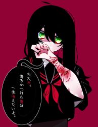 Rule 34 | 1girl, ahoge, black hair, black nails, black sailor collar, black shirt, blood, colored inner hair, cuts, deep wound, earrings, fingernails, green eyes, hair between eyes, hand up, highres, injury, jewelry, long hair, multicolored hair, nail polish, neckerchief, original, red background, red hair, red neckerchief, sailor collar, self-harm, shiozaki ise, shirt, simple background, solo, speech bubble, translation request, two-tone hair, wrist cutting