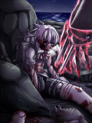 Rule 34 | 10s, 1girl, abyssal ship, bike shorts, blood, blue eyes, claws, cuts, gloves, hair ornament, heavy breathing, injury, kantai collection, kuon yashiro, neck ribbon, ocean, personification, pink hair, red ribbon, ribbon, school uniform, shiranui (kancolle), short hair, short sleeves, torn clothes, white gloves
