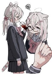 1girl absurdres ahoge animal_ears black_skirt blue_eyes bow bowtie cat_ears cat_girl cat_tail cup drinking_straw grey_nails grey_sailor_collar hair_between_eyes hair_bow hair_ornament hairclip highres holding holding_cup long_sleeves looking_at_viewer medium_hair mormormorp multicolored_hair multiple_views original pink_bow pink_bowtie pink_eyes pink_hair pleated_skirt sailor_collar school_uniform semi-rimless_eyewear simple_background skirt squiggle streaked_hair striped_tail tail twintails two-tone_eyes under-rim_eyewear white_background white_hair