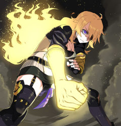 Rule 34 | 1girl, blonde hair, clenched hand, fingerless gloves, garter straps, gloves, glowing, jewelry, kuroda (nanchara flight), long hair, necklace, purple eyes, rwby, solo, spoilers, thighhighs, vambraces, yang xiao long