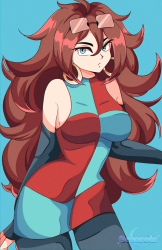 Rule 34 | 1990s (style), 1girl, android, android 21, black pantyhose, blue background, blue eyes, breasts, brown hair, cresscin, detached sleeves, dragon ball, dragon ball fighterz, earrings, eyewear on head, glasses, highres, jewelry, long hair, long sleeves, looking at viewer, medium breasts, pantyhose, retro artstyle, robot, shirt, sleeveless, sleeveless shirt, standing, two-tone dress