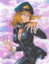 Rule 34 | 1girl, 2020, absurdres, artist name, black bodysuit, blonde hair, bodysuit, boku no hero academia, breasts, cleavage, cowboy shot, female focus, fog, hand up, hat, highres, large breasts, leaning forward, medium breasts, overalls, parted lips, partially unzipped, pink background, ravernclouk design, solo, standing, traditional media, utsushimi kemii, yellow eyes, zipper
