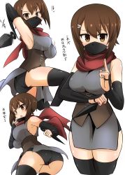 Rule 34 | 1girl, absurdres, alternate costume, armpits, ass, black gloves, black panties, black thighhighs, blush, breasts, brown eyes, brown hair, commentary, cropped legs, dress, elbow gloves, fingerless gloves, girls und panzer, gloves, green dress, hair ornament, hairclip, hand gesture, highres, holding, holding weapon, kunai, leaning forward, leg up, looking at viewer, mask, mask pull, medium breasts, microdress, motion blur, mouth mask, multiple views, ninja, ninja mask, nishizumi maho, panties, pulled by self, red scarf, scarf, short hair, sleeveless, sleeveless dress, thighhighs, throwing, translated, underbust, underwear, weapon, yogurt bakudan