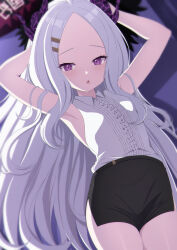 Rule 34 | 1girl, ahoge, arms behind head, bed sheet, black skirt, blue archive, commentary request, demon girl, demon horns, forehead, highres, hina (blue archive), horns, long hair, looking at viewer, lying, official alternate costume, on back, parted bangs, parted lips, pencil skirt, purple eyes, reijing etrn, shirt, side slit, sidelocks, skirt, sleeveless, sleeveless shirt, solo, white hair