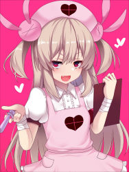 Rule 34 | 1girl, :d, apron, bandaged arm, bandages, brown hair, center frills, clipboard, collared shirt, commentary request, dress shirt, eyeshadow, fang, frilled apron, frills, hair between eyes, hair ornament, half-closed eyes, hat, heart, highres, holding, holding clipboard, holding syringe, lipstick, long hair, looking at viewer, makeup, nail polish, natori sana, nurse cap, okuri banto, open mouth, pink apron, pink background, pink hat, pink lips, pink nails, pocket, puffy short sleeves, puffy sleeves, rabbit hair ornament, red eyes, sana channel, shirt, short sleeves, sidelocks, simple background, smile, solo, syringe, two side up, very long hair, virtual youtuber, white shirt, wing collar