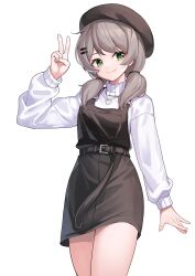 Rule 34 | 1girl, absurdres, arm up, belt, belt buckle, brown hair, brown hat, buckle, closed mouth, cowboy shot, green eyes, hair ornament, hairclip, hat, heart, heart necklace, highres, iznal, jewelry, long hair, long sleeves, looking at viewer, low twintails, necklace, overalls, smile, solo, sweater, swept bangs, twintails, v, viichan, virtual youtuber, waktaverse, white sweater