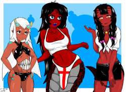 Rule 34 | 3girls, absurdres, belly, belt, bikini, black hair, blue eyes, braid, breasts, colored skin, cora (cpt.tester), cpt.tester works, cross, crossover, demon girl, fangs, green eyes, highres, horns, jewelry, lamia, large breasts, lipstick, makeup, meruccubus (merunyaa), midriff, monster girl, multiple girls, orange eyes, red skin, shirt, skirt, small breasts, smile, snake, spicy bardo, swimsuit, tail, tank top, tattoo, teeth, tied shirt, white hair