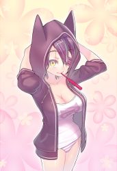 Rule 34 | (tat), 10s, 1girl, arms up, breasts, cleavage, cowboy shot, eyepatch, highres, hood, hoodie, jacket, kantai collection, large breasts, looking at viewer, mouth hold, no pants, panties, purple panties, smile, solo, striped clothes, striped panties, tenryuu (kancolle), toothbrush, underwear, yellow eyes