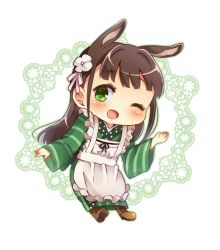 Rule 34 | 1girl, ;d, ama usa an uniform, animal ears, apron, blunt bangs, blush, boots, brown footwear, brown hair, chibi, commentary request, doily, flower, full body, gochuumon wa usagi desu ka?, green eyes, green kimono, green outline, hair flower, hair ornament, japanese clothes, kemonomimi mode, kimono, long hair, long sleeves, looking at viewer, maid apron, one eye closed, open mouth, outline, pink ribbon, polka dot trim, rabbit ears, ribbon, smile, solo, striped clothes, striped kimono, ujimatsu chiya, usameruti, white apron, white background, white flower, wide sleeves