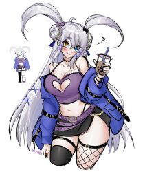 Rule 34 | 1girl, acey, ahoge, asymmetrical legwear, bare shoulders, black nails, black thighhighs, blue eyes, blue jacket, blush, bow, breasts, bubble tea, cleavage, cleavage cutout, clothing cutout, commentary, cowboy shot, double bun, drink, earrings, english commentary, grey hair, hair bow, hair bun, heart, heterochromia, highres, holding, holding drink, jacket, jewelry, large breasts, long hair, looking at viewer, midriff, mismatched legwear, mole, mole on breast, navel, nijisanji, nijisanji en, off shoulder, reference inset, single fishnet legwear, skindentation, thigh strap, thighhighs, thighs, tongue, tongue out, twintails, twitter username, very long hair, victoria brightshield, yellow eyes