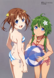 Rule 34 | 2girls, :d, absurdres, ahoge, arms at sides, ass, back, ball, bare arms, bare legs, bare shoulders, beachball, bead bracelet, bead necklace, beads, bikini, blue bikini, blue eyes, bracelet, breasts, brown hair, butt crack, closed mouth, collarbone, flat chest, flower, grey background, hair flower, hair ornament, hair ribbon, high school fleet, highres, holding, holding ball, jewelry, jiang yifan, long hair, looking at viewer, looking to the side, megami magazine, misaki akeno, multiple girls, navel, necklace, official art, open mouth, red bikini, ribbon, short hair, side-tie bikini bottom, sidelocks, simple background, small breasts, smile, standing, striped bikini, striped clothes, susan reyes, swimsuit, teeth, thighs, upper teeth only
