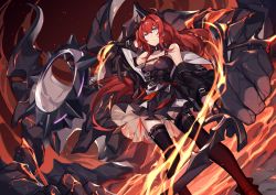 Rule 34 | 1girl, abstract background, arknights, black background, black footwear, black jacket, boots, breasts, commentary request, demon horns, feet out of frame, fire, hand on own head, highres, hizuki miya, horns, jacket, lava, long hair, medium breasts, off shoulder, purple eyes, red hair, solo, surtr (arknights), tagme, thigh boots, thighhighs