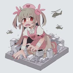 Rule 34 | 1girl, ahoge, aircraft, apron, arm support, bandaged wrist, bandages, blush stickers, center frills, city, collared shirt, commentary request, destruction, fang, faux figurine, frills, frown, full body, giant, giantess, grey background, hair ornament, hat, heart, heart print, helicopter, highres, kneeling, light brown hair, long hair, looking at object, natori sana, nurse, nurse cap, open mouth, pink apron, pink nails, puffy short sleeves, puffy sleeves, rabbit hair ornament, red eyes, sana channel, shirt, short sleeves, skin fang, slippers, solo, taoru (towtowru), thighhighs, two side up, v-shaped eyebrows, virtual youtuber, white shirt, white thighhighs